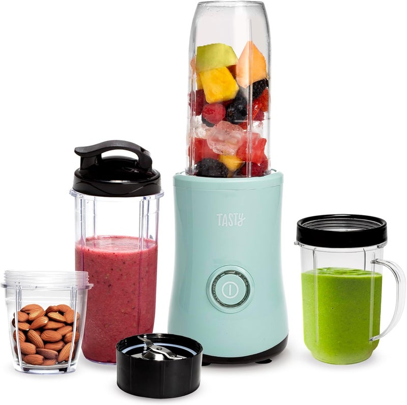 Tasty Personal Blender With Cup, 350W Powerful Blending Motor, 9-Piece Set With 4 Cups & Travel Lid, Compact & Portable, Aqua - Image 1